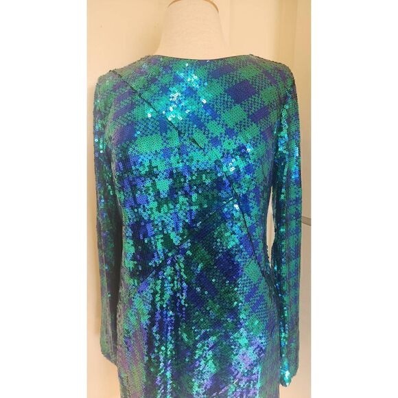 SHO Green and Blue Plaid Sequin Sheath Dress, Long Sleeve, NWT, XL - Picture 4 of 12